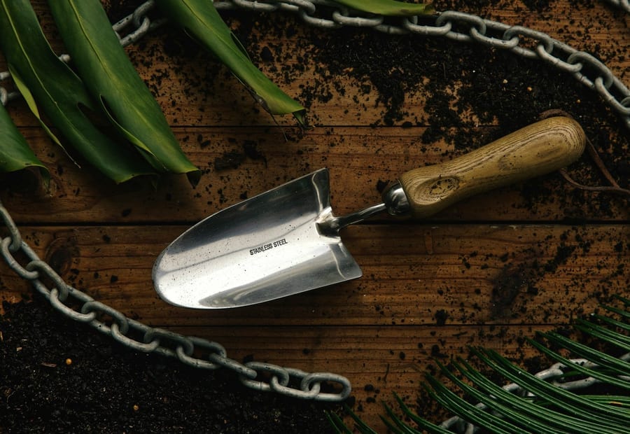 A garden trowel and hand tools laid out on a workbench